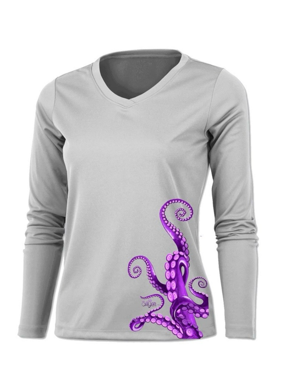 Gray V-Neck Long Sleeve Tee with Purple Octopus Graphic